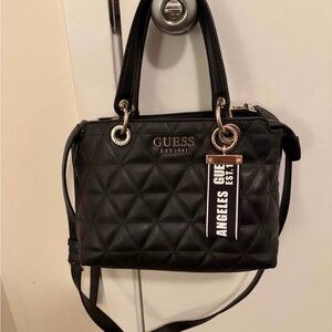 GUESS Black Quilted Satchel with Gold Accents